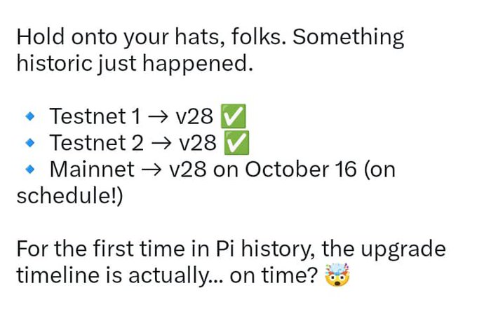 A celebratory text announcement marks a historic achievement for Pi Network, confirming successful v28 deployments on both Testnet 1 and Testnet 2, with Mainnet upgrade scheduled for October 16—delivered on schedule for the first time in Pi's history.