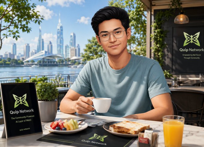 An AI-generated promotional image for 'Quip Network' showing a young man in a teal shirt at a cafe with a city skyline, holding a coffee cup with branded signs visible.