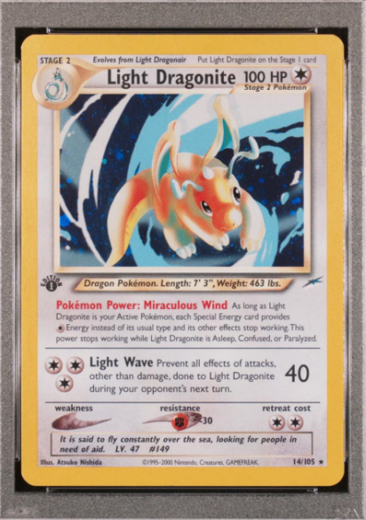 A 1995 Pokémon TCG Neo Genesis set holographic Light Dragonite card (#14/105), featuring 100 HP, the "Miraculous Wind" Poké-Power, and a "Light Wave" attack, shown alongside a caption noting the purchase was funded by cryptocurrency profits.