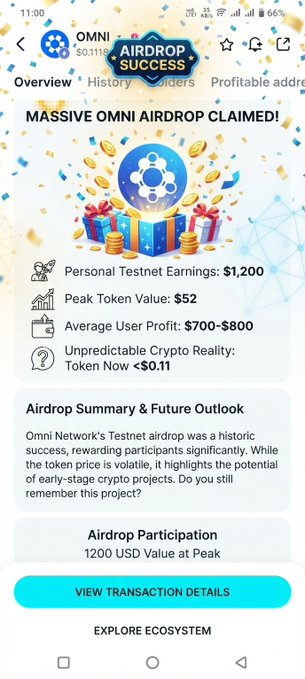 A mobile app screen celebrates an 'OMNI AIRDROP SUCCESS' with celebratory confetti graphics, showing 'Personal Testnet Earnings: $1,200' and a 'Peak Token Value: $52' before a button to 'VIEW TRANSACTION DETAILS'.