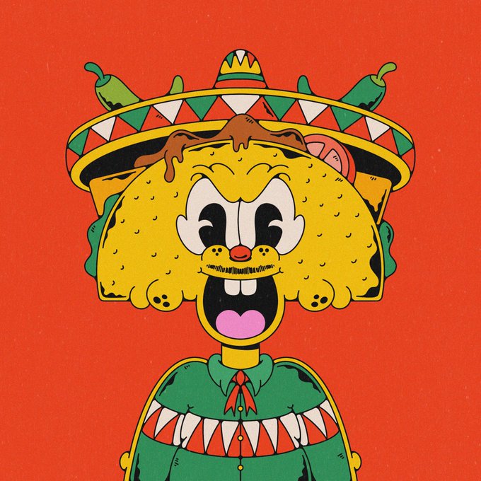 A cartoon illustration shows an anthropomorphic yellow taco character wearing a green shirt and a sombrero, set against a solid red background.