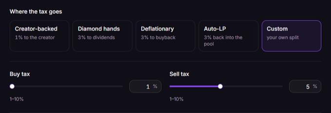 A dark-themed user interface showing tax configuration options with tabs labeled 'Creator-backed', 'Diamond hands', 'Deflationary', 'Auto-LP', and selected 'Custom', along with buy/sell tax sliders.