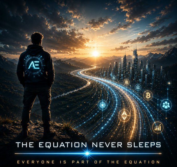 A figure with an "Æ" emblem on their back overlooks a glowing river of data flowing toward a futuristic city, with crypto icons including Bitcoin and Ethereum hovering above the luminous current. The tagline reads "THE EQUATION NEVER SLEEPS — EVERYONE IS PART OF THE EQUATION." The image mirrors the post's message by visually showing that the real signal is in the silent, steady flow of liquidity—exactly the kind of patient observation required when narratives are loud but the underlying currents quietly accumulate.