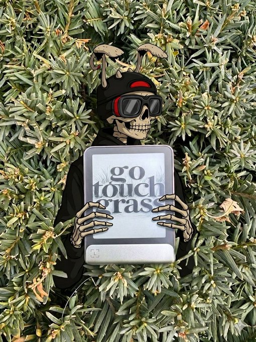 A skeleton wearing sunglasses, a cap, and bunny ears lounges in green bushes while holding a Ledger hardware wallet displaying "go touch grass." The image cleverly pairs the "touch grass" crypto meme with the Ledger sponsorship, playfully suggesting that even hardcore traders using cold storage still get outside.