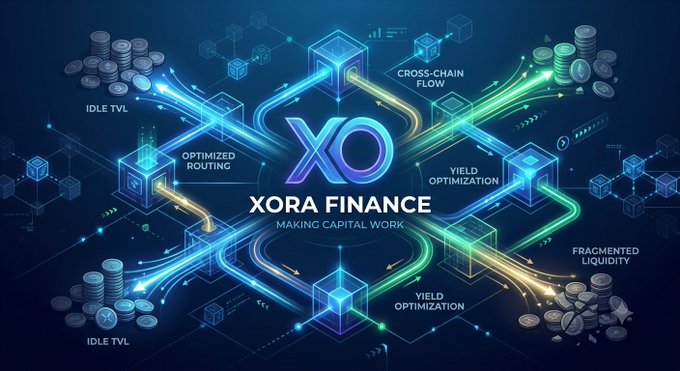A futuristic 3D graphic for 'XORA FINANCE - MAKING CAPITAL WORK' showing interconnected pathways with labels like 'IDLE TVL', 'CROSS-CHAIN FLOW', 'OPTIMIZED ROUTING', 'YIELD OPTIMIZATION', and 'FRAGMENTED LIQUIDITY'.