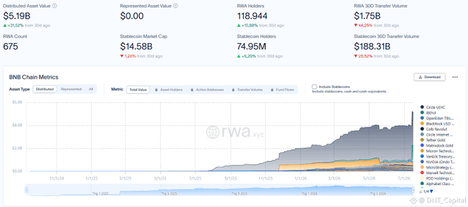 A BNB Chain metrics dashboard showing Distributed Asset Value $5.19B, Stablecoin Market Cap $14.58B, RWA Holders 118,944, RWA 30D Transfer Volume $1.75B, RWA Count 675, Stablecoin Holders 74.95M, and Stablecoin 30D Transfer Volume $188.31B, with an area chart of tokenized assets and 'rwa.xyz' / 'DIIT_Capital' watermarks.