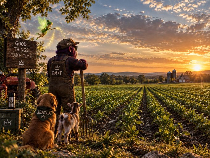 A farmer stands with a dog wearing a "$BAYLA" vest and a small goat, gazing across a sunlit field alongside a sign reading "GOOD THINGS TAKE TIME," while a Tinker Bell-like fairy sprinkles magic in the sky. The "$BAYLA" branding on the dog connects the wholesome, patient countryside scene to the ticker, symbolizing a slow-growing "good thing" worth taking time for.