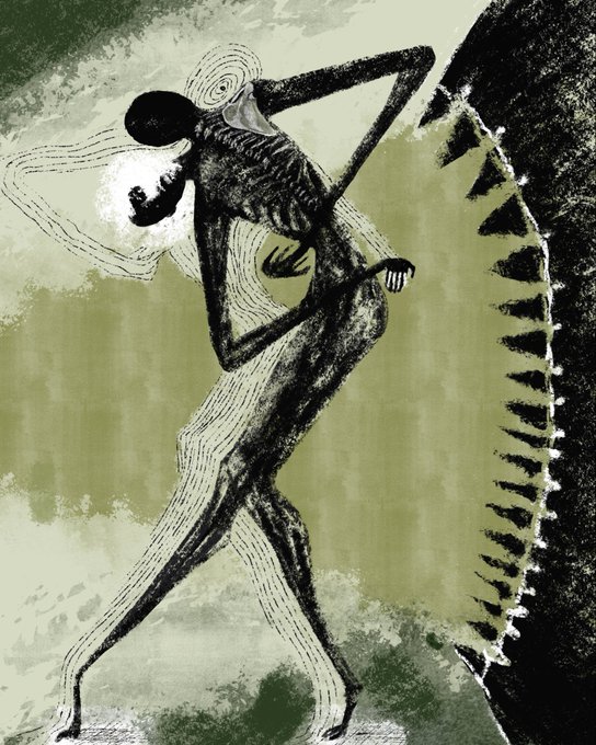 A stylized, abstract illustration of a thin, elongated figure with a round head, rendered in dark tones against a green background, appearing to push against or lean on a spiky dark form on the right.