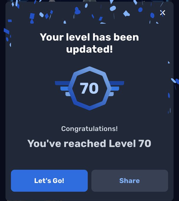 A digital interface displays a level-up notification reading "Your level has been updated!" and "You've reached Level 70," with buttons for "Let's Go!" and "Share."