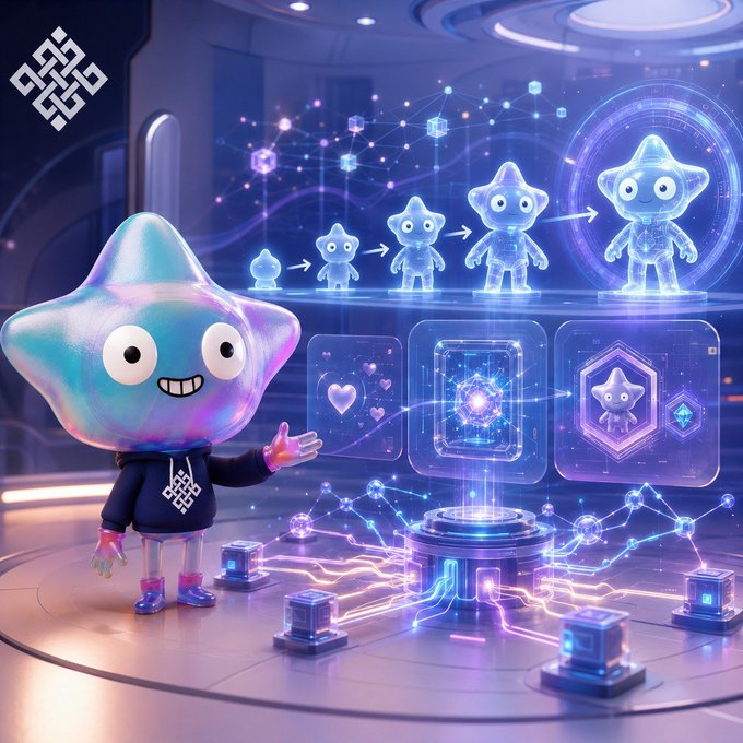 A friendly star-shaped mascot wearing a hoodie gestures toward holographic displays showing progression stages of AI companions and digital NFT cards, with a "PLO" logo visible in the top-left corner. The image visually reinforces the post's theme of AI characters evolving through stages of memory and growth, tied to NFTs as identity on the Ritual network.