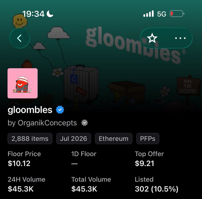A screenshot of an NFT collection page on a mobile app for 'gloombles' by OrganiKConcepts, showing 2,888 items, a floor price of $10.12, and a 24H volume of $45.3K.