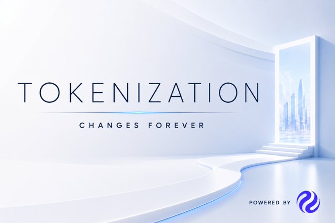 Minimalist white futuristic ad reading 'TOKENIZATION CHANGES FOREVER' with a 'POWERED BY' logo in the corner.