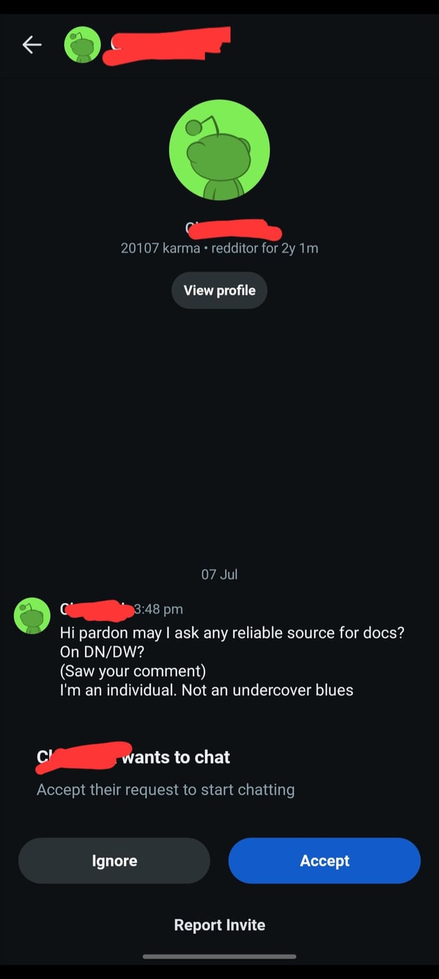 A Reddit chat request screenshot showing a user with 20,107 karma (a Redditor for 2 years 1 month) asking "Hi pardon may I ask any reliable source for docs? On DN/DW?" with a message clarifying they're "an individual. Not an undercover blues" — referencing a Darknet/Darkweb drug source inquiry that aligns with the caption's suggestion of "another Ross Ulbricht in the making."