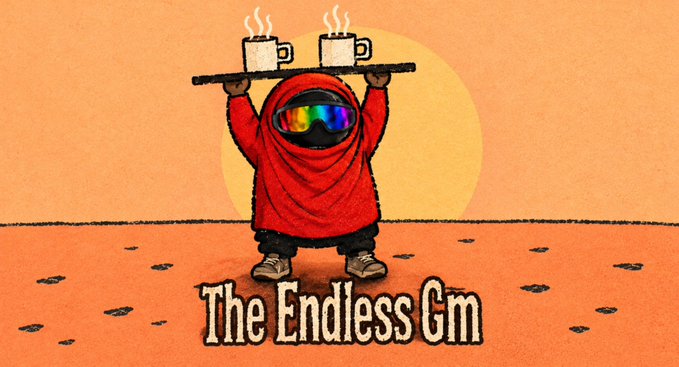 A cartoon illustration of a figure in a red robe and colorful goggles carrying a tray with two steaming cups, with the text 'The Endless Gm' below.
