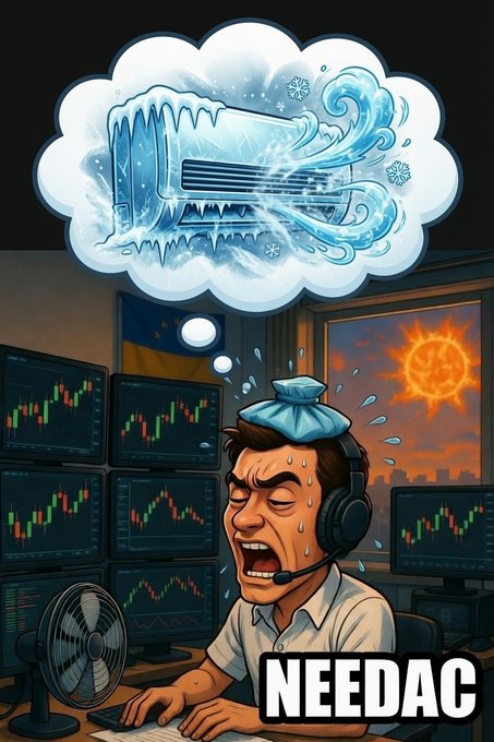 A cartoon meme of a stressed man with a headset and an ice pack on his head, surrounded by computer monitors showing stock charts, with a thought bubble depicting a frozen air conditioner, and the word 'NEEDAC' at the bottom right.