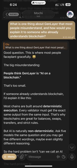 A Nicegram chat with a bot 'Mochi' discussing how GenLayer is often misunderstood as 'AI on a blockchain'.