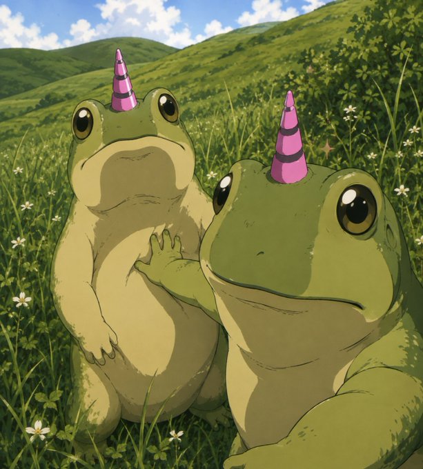 Two cartoon frogs wearing pink party hats sit in a grassy field, fitting the celebratory "PUMP ITTT" sentiment as whimsical mascots for the "$UNIFROG" token mentioned in the post.