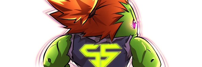 An anime-style illustration shows a muscular green-skinned character with spiky orange hair wearing a black tank top featuring a glowing green 'SS' logo.