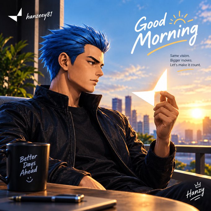 A blue-haired man in a black jacket holds a glowing star against a sunrise cityscape, with "Good Morning" text and the message "Better Days Ahead" on a mug, promoting motivation for the day. The accompanying post discusses Physical AI, but the image itself is a generic motivational graphic rather than depicting AI concepts.