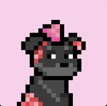 A pixel art image of a black creature with pink horns and accents, including a pink bow on its head, against a light pink background.
