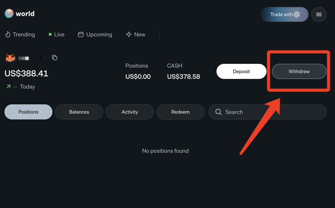 A screenshot of the "world.xyz" platform interface shows an account with a balance of US$388.41 and US$378.58 cash, with a red arrow highlighting the "Withdraw" button, relating to a tutorial on claiming rewards and managing funds on the site.