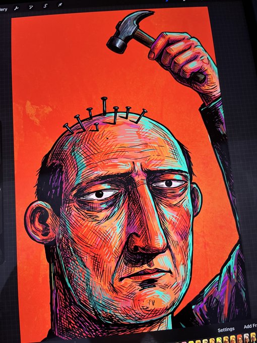 A vibrant digital illustration of a bald man with nails driven into his forehead, raising a hammer, displayed on a digital screen with a bright orange background.