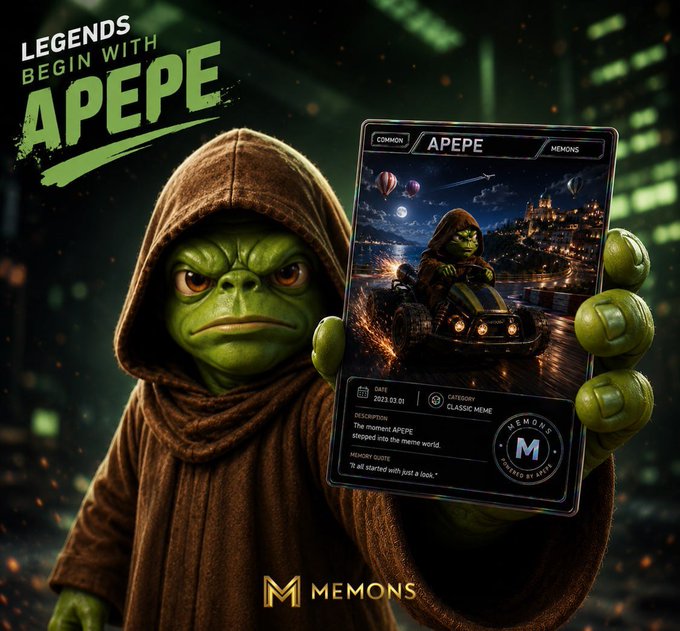 A green goblin-like character in a brown hooded robe holds up a digital trading card featuring "APEPE" with the text "LEGENDS BEGIN WITH APEPE" and the MEMONS logo, promoting the MEMONS platform powered by APEPE as teased in the accompanying post about beginning one's journey into the world of MEMONS.