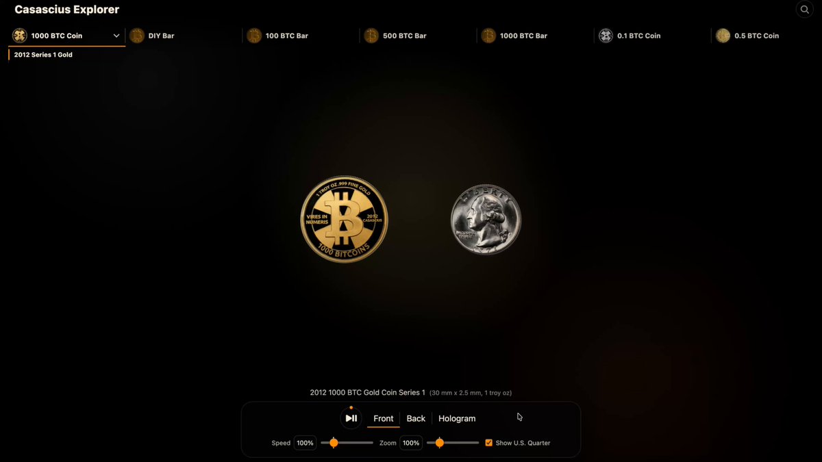 The image shows two gold coins displayed side by side against a black background. The coins are positioned with their edges facing each other, creating an interesting visual contrast. The text "Casascius Explorer" is visible, suggesting that these coins might be part of a collection or a display for sale. The post also mentions the inspiration behind the coins and how they relate to a podcast episode about buying and giving out Casascius coins at conferences.