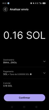 A mobile wallet screenshot in Portuguese titled 'Analisar envio' showing a transaction of 0.16 SOL with a 'Confirmar' button at the bottom.