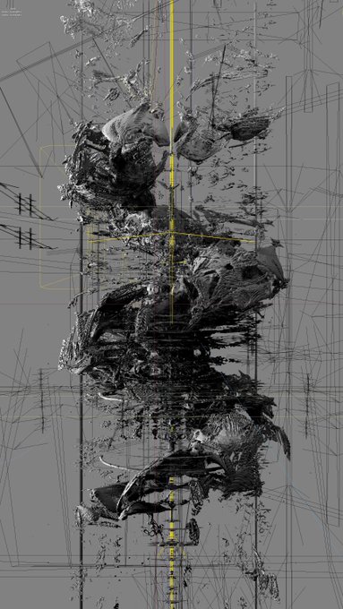 A dark, abstract 3D digital sculpture or rendering overlaid with geometric wireframe lines and yellow grid markers on a gray background.