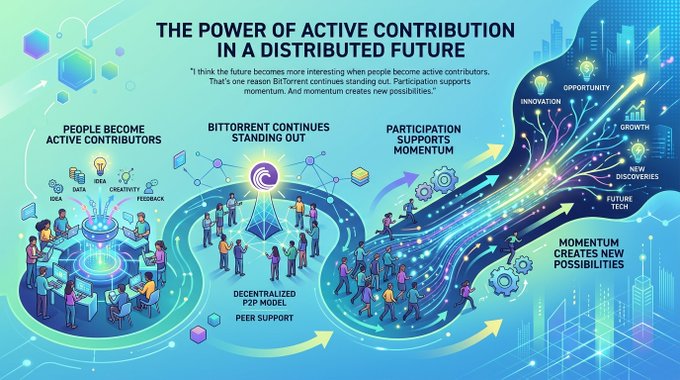 The image features a vibrant illustration of a network of people interacting with each other, symbolizing the power of active contribution within a distributed future. The scene depicts individuals working together towards a common goal or cause, highlighting the importance of collaboration and collective action in shaping the future. The colors used in the illustration are predominantly blue and green, which further emphasize the theme of unity and progress.