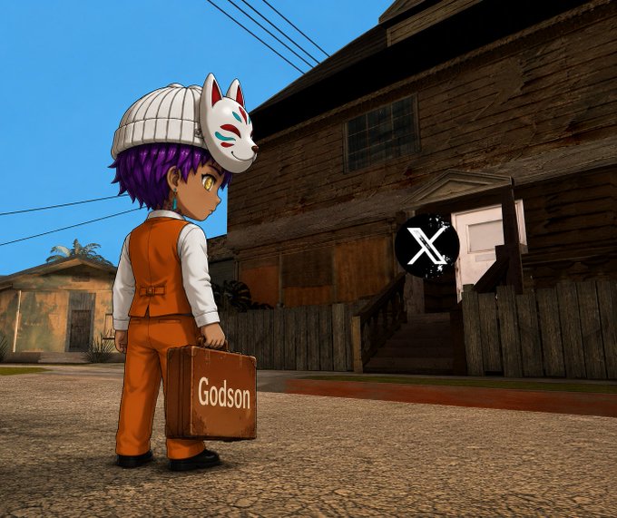 A 3D animated character with purple hair, a fox mask, and an orange suit holding a 'Godson' briefcase in front of a wooden house, with an X (Twitter) logo floating nearby.
