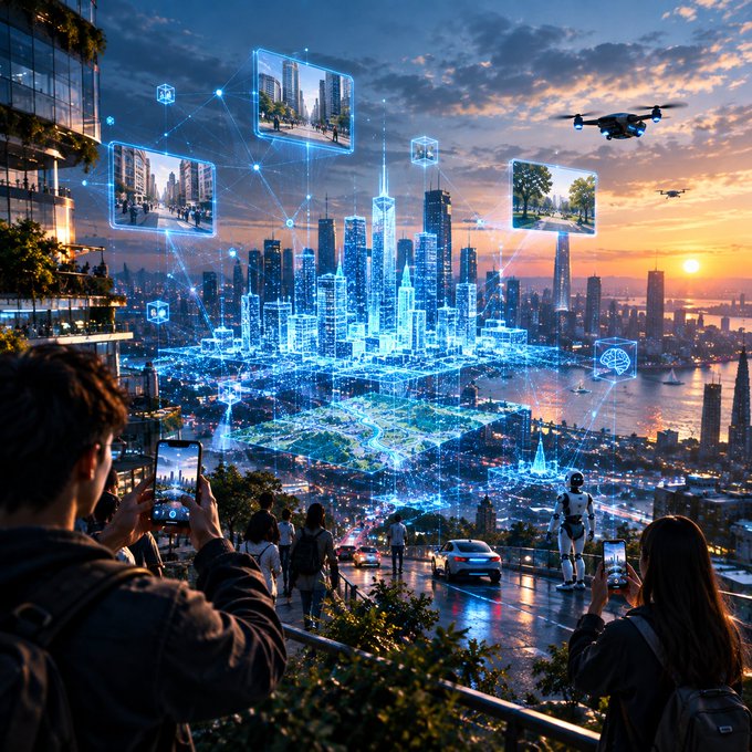 A futuristic cityscape illustration showing people viewing holographic displays of buildings, with drones flying overhead and a humanoid robot among onlookers at sunset.