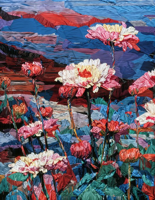 A colorful textured painting depicts large red, pink, and white flowers with green stems against a layered blue and purple background.