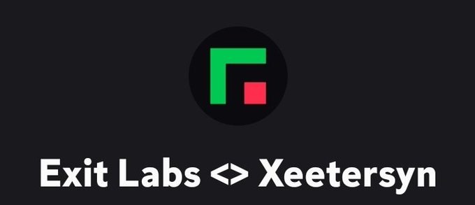 A simple dark gray graphic showing a logo with green and red geometric shapes inside a black circle, accompanied by the text 'Exit Labs <> Xeetersyn'.