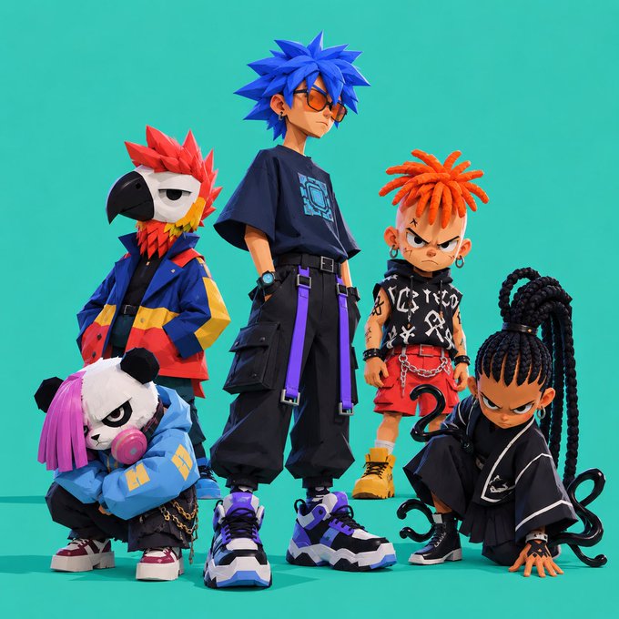 A 3D-rendered group of five stylized anime-inspired characters with vibrant hair, streetwear clothing, and oversized sneakers stands against a solid teal background.