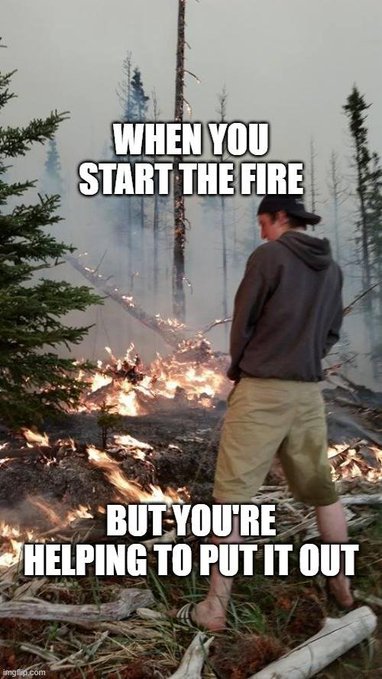 An Imgflip meme showing a man in a forest setting a fire with text reading 'WHEN YOU START THE FIRE' at the top and 'BUT YOU'RE HELPING TO PUT IT OUT' at the bottom.