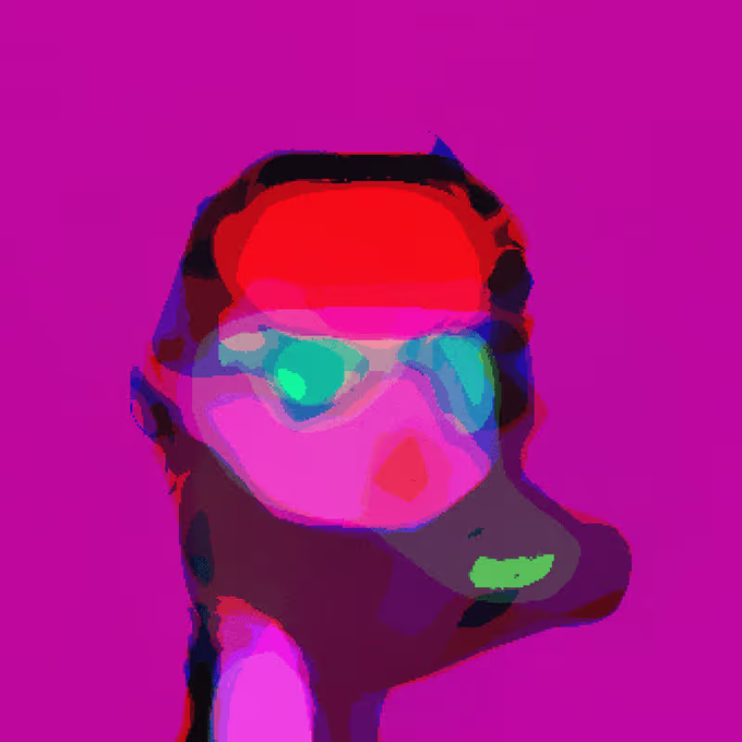 A colorful, neon-toned digital painting of a figure wearing reflective teal sunglasses and a red cap against a magenta background.
