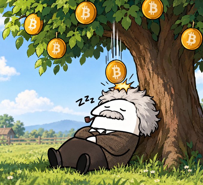 A cartoon illustration of an Einstein-like character sleeping against a tree while Bitcoin coins fall from the branches above him, with 'Zzz' indicating sleep.