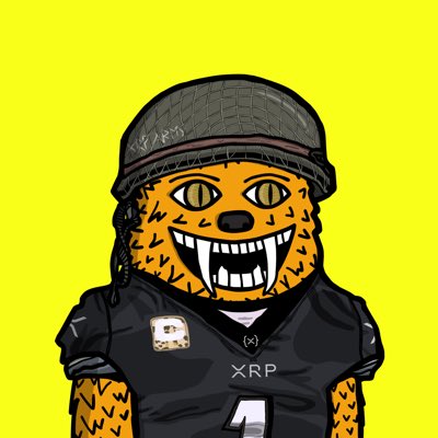A cartoon orange cat-like character with sharp fangs wears a black helmet and a black jersey featuring "XRP" text and a "1" number, set against a bright yellow background. The image ties to the post as a new profile picture celebrating the user's first "Fuzzy" NFT from the XRP NFT collection.