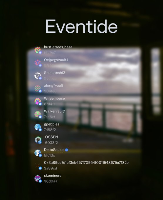 A screenshot of a Discord or chat application titled 'Eventide' overlaid on a blurred image of a pier and water, listing members like 'hustletrees_base', 'Oxjpeg5Vault1', and 'skominers' with their associated addresses.