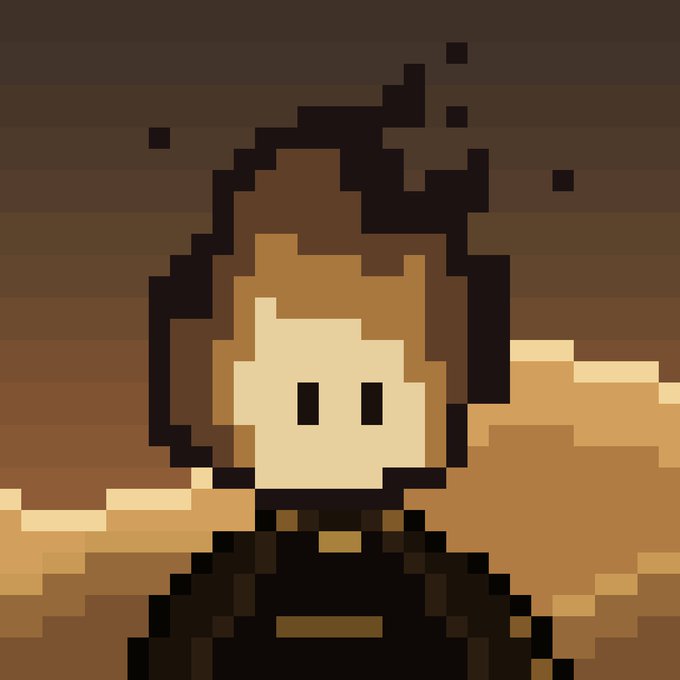 A pixel art style character portrait featuring a figure with messy brown hair, simple black dot eyes, and a dark outfit against a layered brown background.