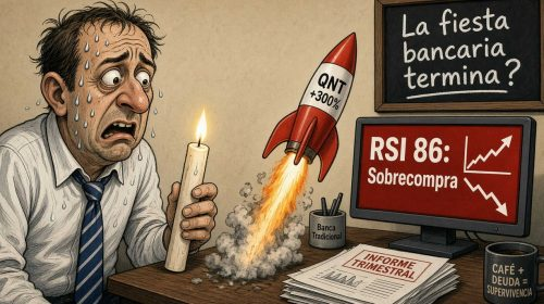 A cartoon illustration shows a sweating, anxious man holding a candle next to a launching rocket labeled 'QNT +300%', with a computer monitor displaying 'RSI 86: Sobrecompra' and a chalkboard asking 'La fiesta bancaria termina?'