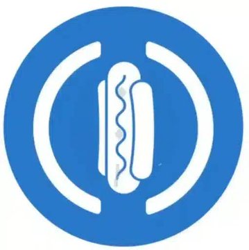 A blue and white circular logo featuring a stylized hot dog with wavy mustard lines flanked by curved parentheses-like shapes, resembling brake pads.