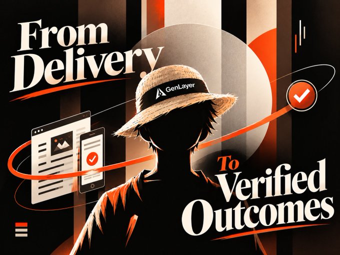The image is a stylized graphic featuring a silhouetted figure wearing a straw hat branded "GenLayer," set against bold orange and black vertical stripes, with the text "From Delivery To Verified Outcomes" prominently displayed alongside icons of a landing page, mobile interface, and verification checkmark.

The illustration reinforces the post's message by visualizing the disconnect between "delivery" (handing over a finished product) and "verified outcomes" (proving the product actually works), symbolizing the need for payment systems tied to real functional results rather than mere task completion.