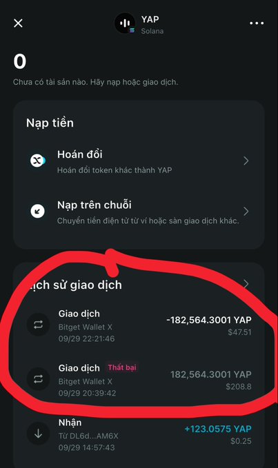 A screenshot of a YAP Solana wallet app transaction history showing a failed transaction (-182,564.3001 YAP) circled in red, with the message 'Chưa có tài sản nào. Hãy nạp hoặc giao dịch.'