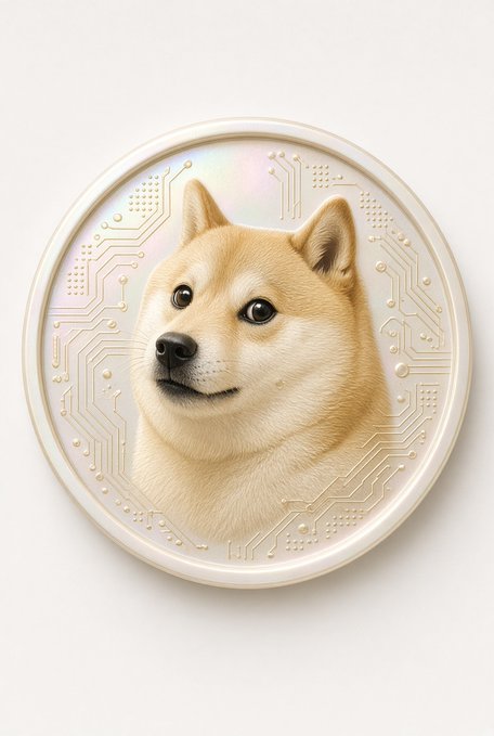 A digital illustration of a Shiba Inu dog's face on a coin-like disc with circuit board patterns, representing the Dogecoin cryptocurrency.