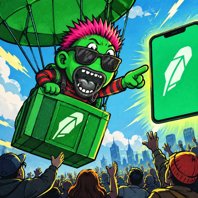 A vibrant illustration depicts a green-skinned character with pink spiky hair and sunglasses dropping from a green parachute crate featuring a leaf logo, pointing at a smartphone displaying the same emblem above a cheering crowd.