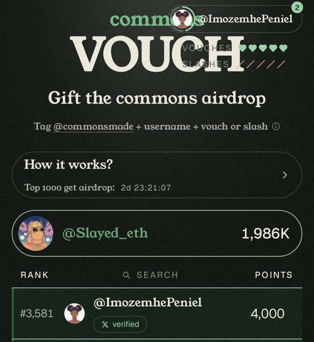 Another "commons" VOUCH airdrop screen showing @Slayed_eth in first place with 1,986K points and @ImozemhePeniel ranked #3,581.