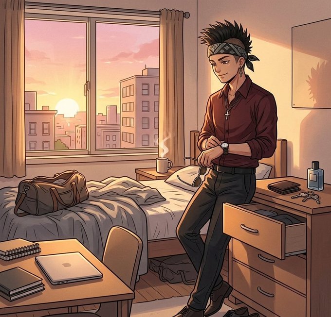 An anime-style illustration of a young man with a bandana, maroon shirt, and cross necklace standing in a bedroom at sunset, adjusting his watch.